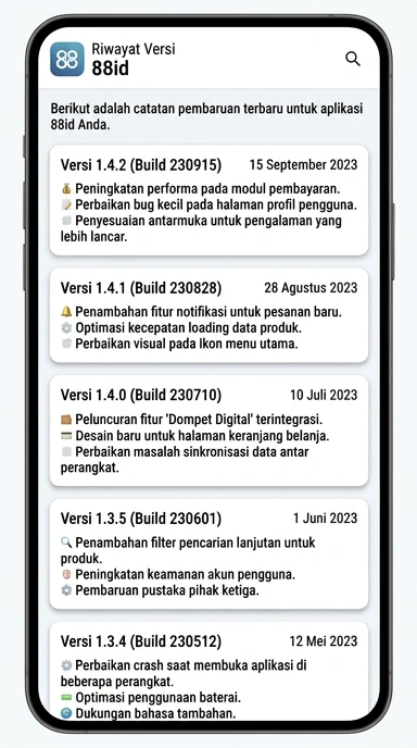 Tampilan riwayat versi 88id