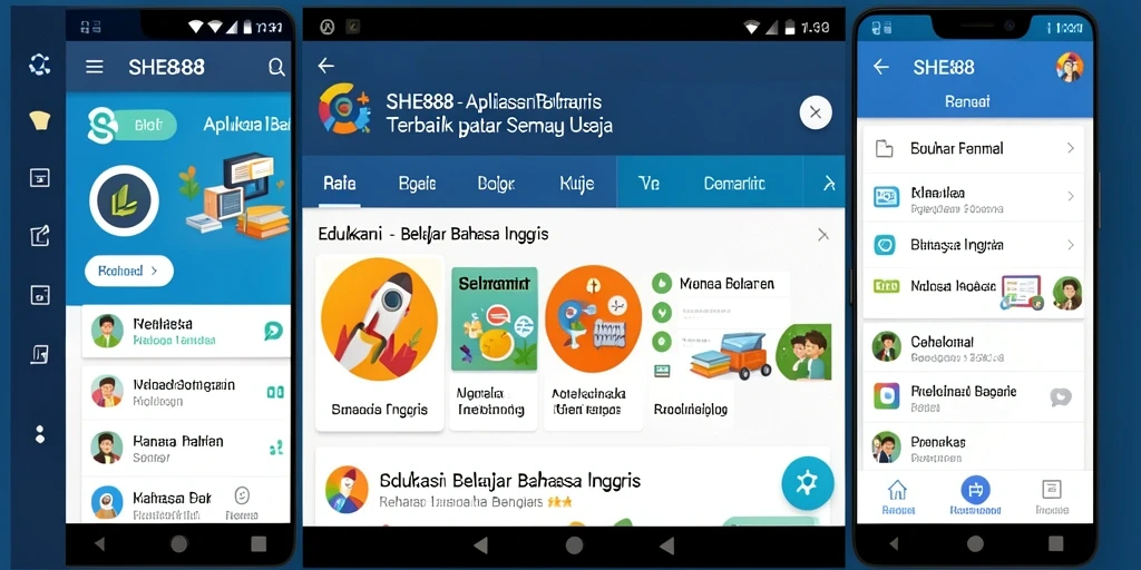 Antarmuka intuitif SHE888 untuk belajar bahasa Inggris.